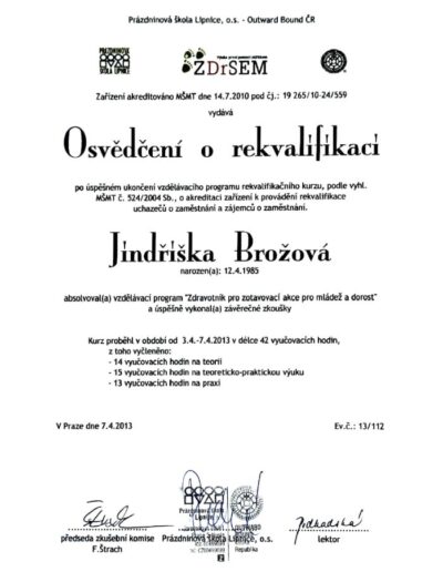 Osvědčení o rekvalifikaci - Zdravotník pro zotavovací akce pro mládež a dorost