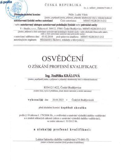 Osvědčení o získání profesní kvalifikace - Jindřiška Králová