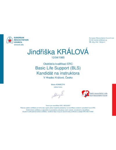 Jindřiška Králová - certifikát od European resuscitation council